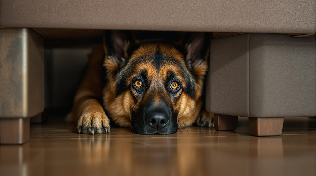Немецкая овчарка прячется под мебелью дома, проявляя признаки тревоги и стресса, вызванные неожиданными громкими звуками или возможной травмой, требующими внимательной поддержки хозяина.