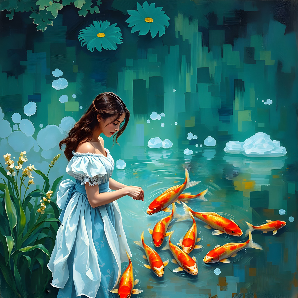 У пруда. Иллюстрация создана с помощью нейросети Flux Schnell и программы Photoshop.