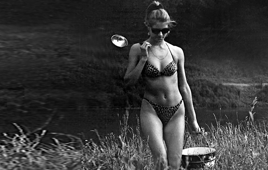 советская девушк на отдыхе с обедом