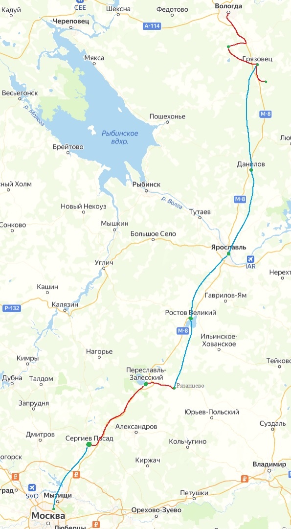 Красная линия - на велосипеде, синяя - на электричке. Фотографии можно листать, сбоку.