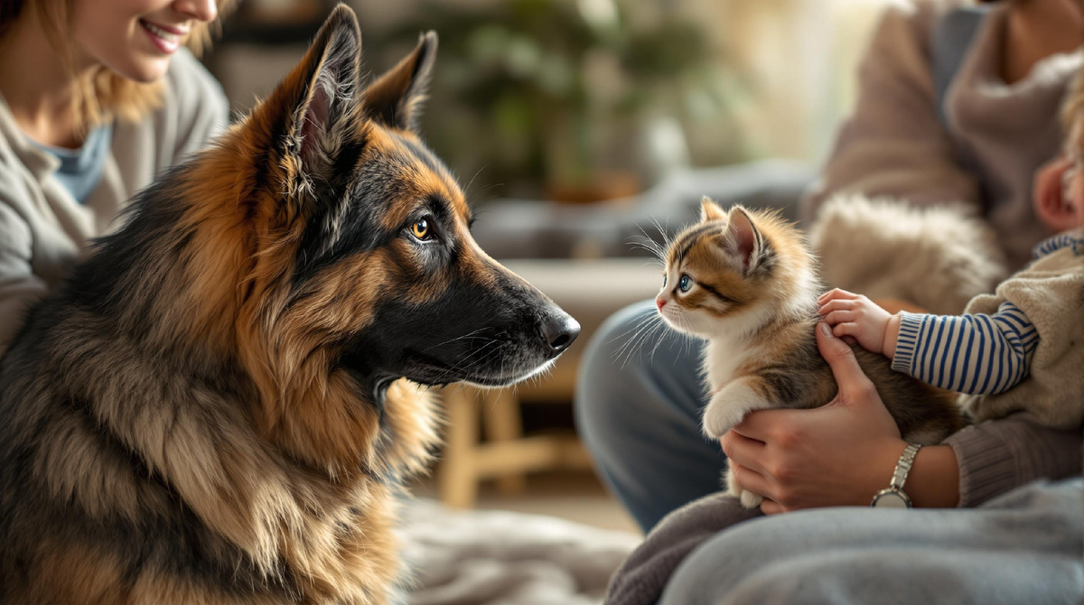 Немецкая овчарка и малыш вместе дома — пример того, как важно поддерживать доверие и эмоциональную связь между питомцем и ребенком при появлении нового члена семьи.