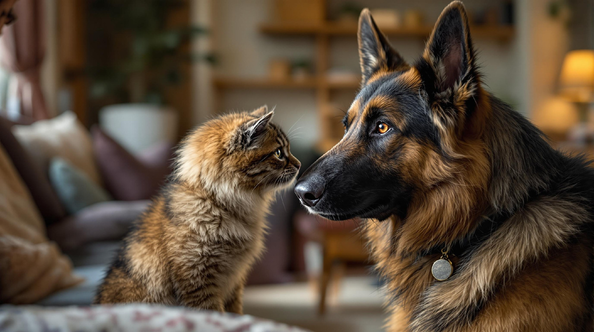 Дружелюбная немецкая овчарка и котёнок — иллюстрация укрепления доверия и позитивного взаимодействия между питомцами при адаптации к новым изменениям в доме.
