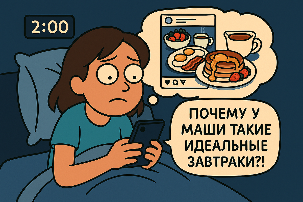 Поздний скроллинг Instagram с завистью к идеальным завтракам