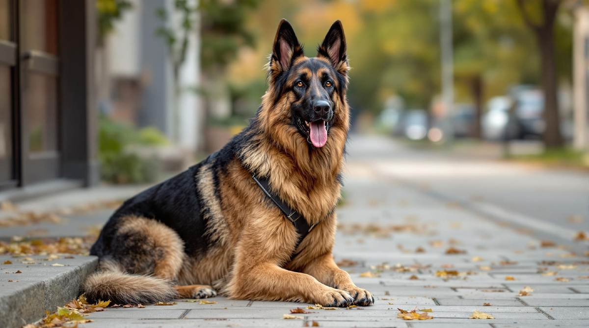 Немецкая овчарка,сидящая на улице осенью, символ верности, храбрости и доверия — важные качества для формирования защитной и преданной связи с хозяином, особенно после появления нового члена семьи или питомца.