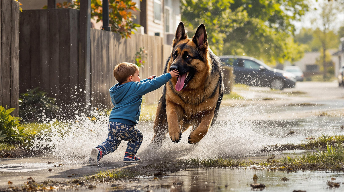 Маленький мальчик играет со своей немецкой овчаркой, которая прыгает по воде — пример преданности, дружбы и взаимного доверия между собакой и ребёнком, особенно важным после появления нового члена семьи или питомца.