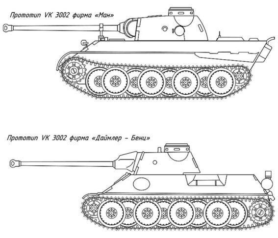 Внизу - первоначальный проект "Пантеры" начала 1942 года. Вверху - окончательный проект T-V в 1943-м. Сравните размеры обеих машин - первая задумывалась как копия Т-34, но немцы пошли по другому пути - увеличили вес машины на 50% и внесли в конструкцию массу совершенно ненужных дорогостоящих сложностей
