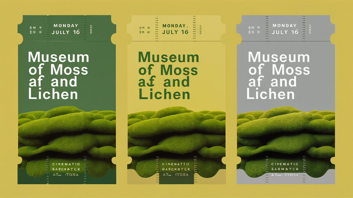 prompt: 3 different tickets on a yellow background for the Museum of Moss and Lichen in green and yellow tones with an image of smooth shapes of moss layered on top of each other. Monday, July 16, 12.00, cinematic, architecture.