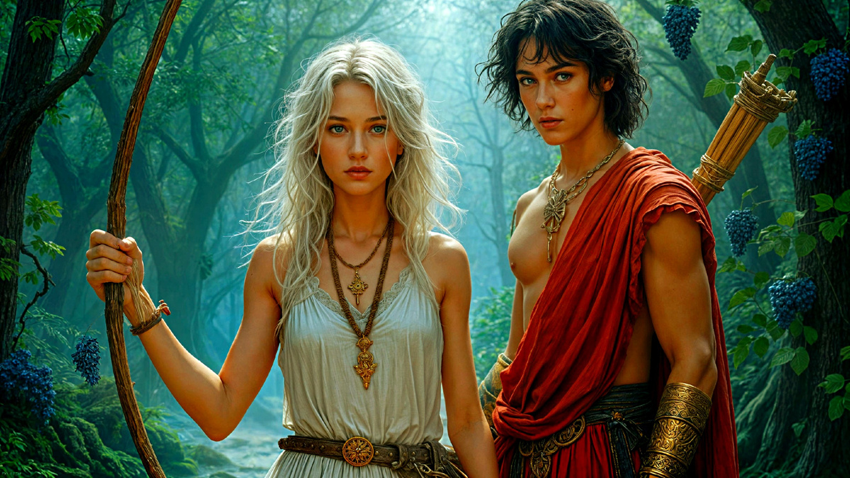 Агнесс Колоскова. Титанида Аура и бог виноделия Дионис. Арт. Фэнтези. Авторская работа при помощи ИИ. 