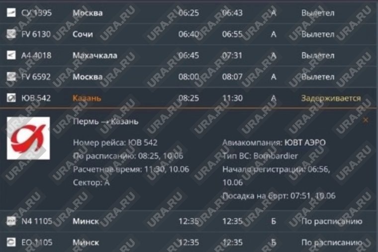Отправление рейса «ЮВТ Аэро» должно было состояться в 8:25, а теперь в 11:30. Фото: онлайн-табло пермского аэропорта