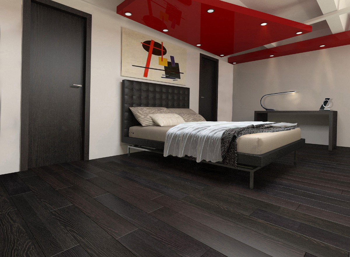 Квартира-лофт в Москве -Зона спальни.  Лаконизм архитектуры интерьера компенсируется ярким, энергичным цветовым элементом потолка.