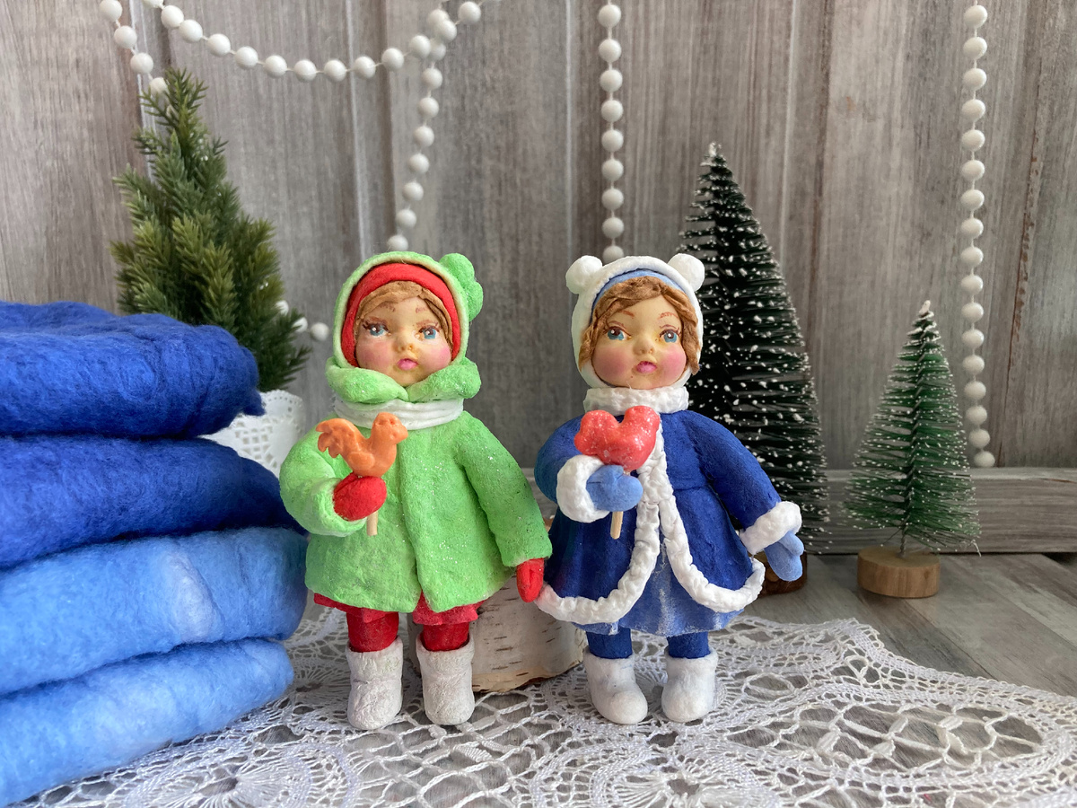 Елочные игрушки из ваты, ручная работа, высота 11 см. Из личных фото.