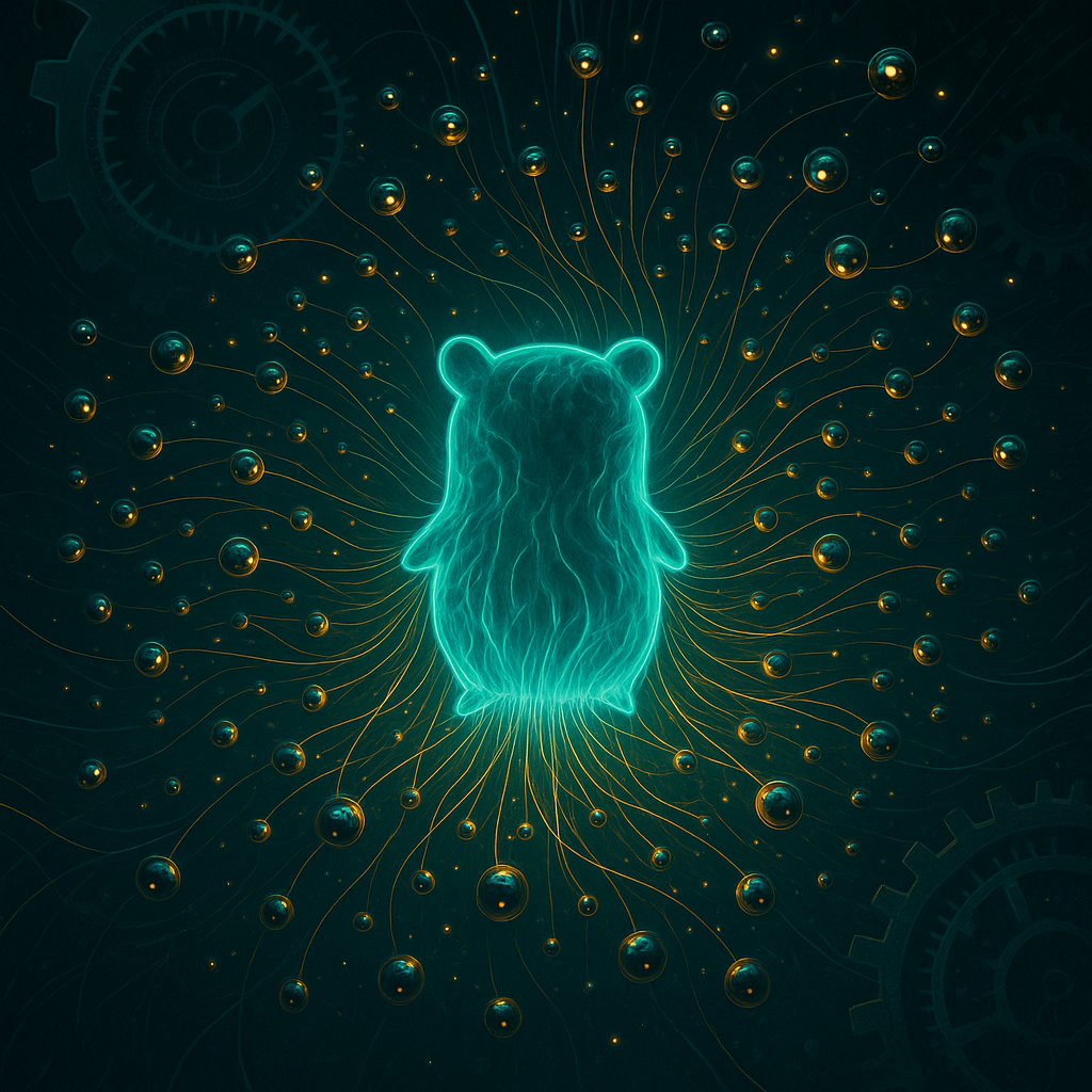 Свечащийся силуэт «гопфера» Go из бирюзовой энергии испускает сотни золотистых нитей-горутин; по ним снуют маленькие шар-дроны, а тёмный фон усыпан полупрозрачными шестернями — визуальная метафора лёгкой параллельности и автономных агентов на Go.