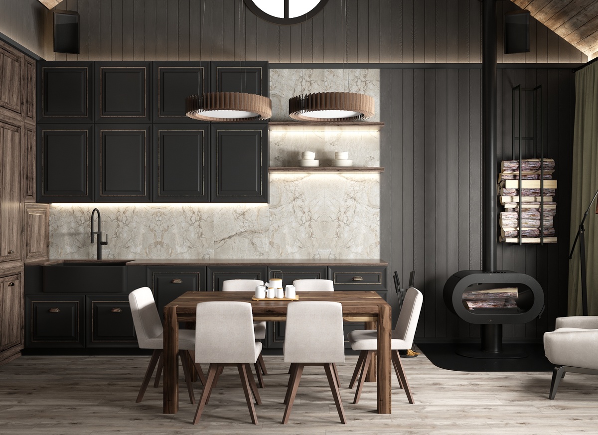 Пример использования базовых элементов - стол и стулья, являющиеся центром композиции. Дизайн студии Moonlight.