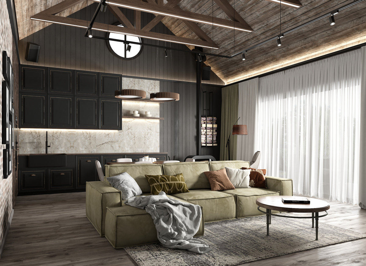 Центр композиции - диван, задающий тон всей гостинной. Дизайн студии Moonlight