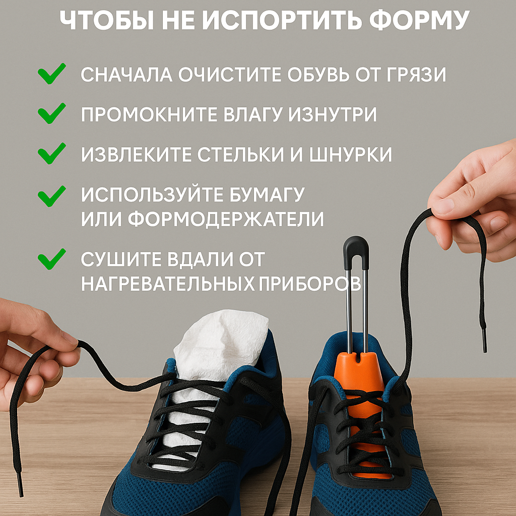 Вот краткое руководство по правильной сушке обуви, с учётом рекомендаций бренда CleanFor: