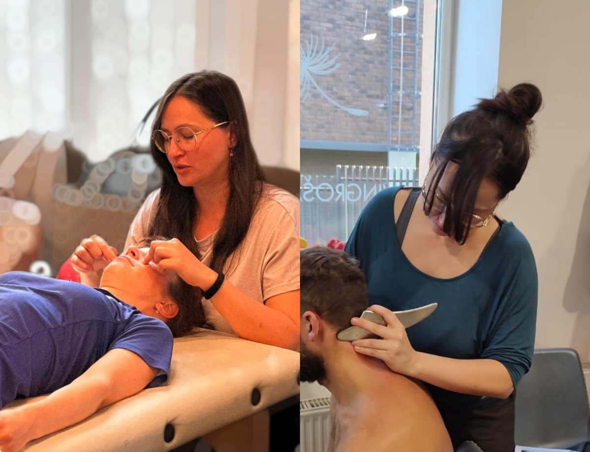 Слева - сеанс кранио-сакральной терапии. Справа - работа с фасциями  с помощью миофасциального ножа. Фото из личного альбома Елены Адини