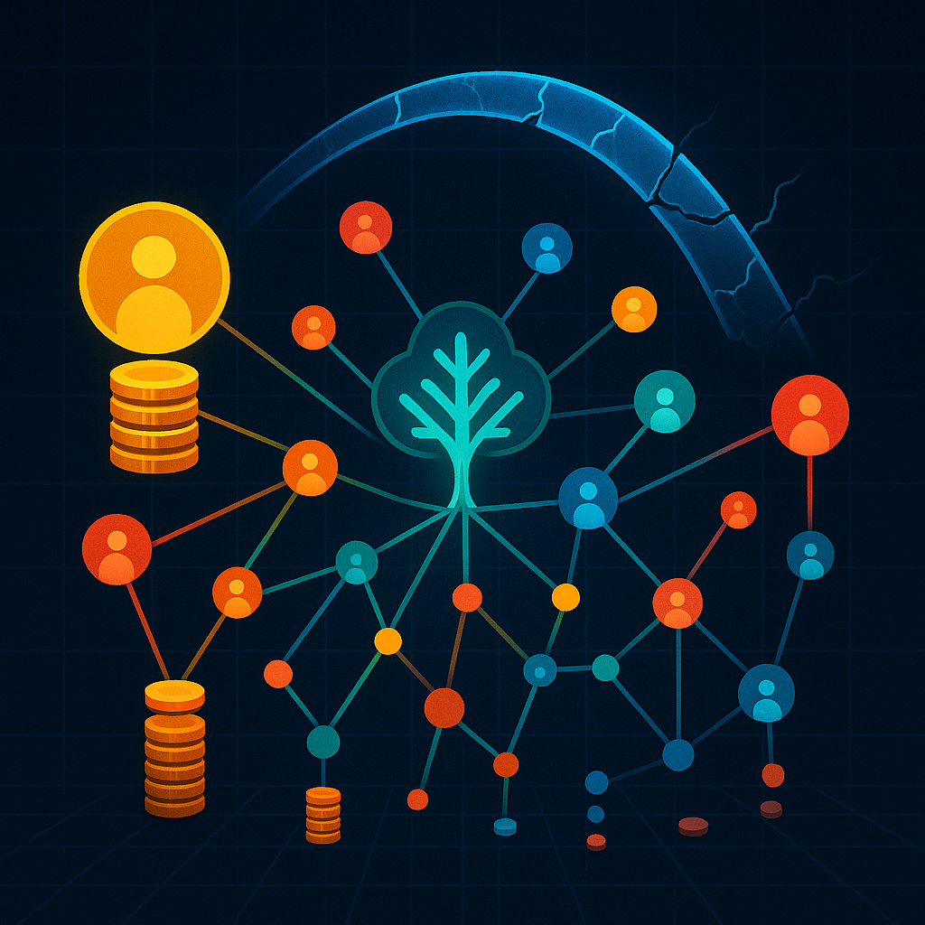 Сетевое «дерево» общественного блага в центре, узлы-люди разного размера с неравными стопками монет соединены линиями; над ними треснувшая дуга-«квадратичная» кривая — символ того, как реальное неравенство ломает идеальную модель квадратичного финансирования.