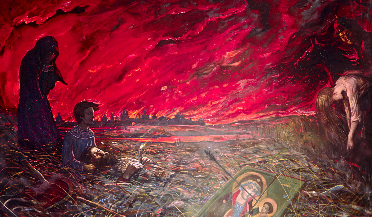    Родные Глазунова погибли во время блокады Ленинграда. Когда будущему художнику было 11 лет, его эвакуировали в Новгородскую область. На изображении: картина «Нашествие (Детство Андрея Рублёва)» из цикла «Поле Куликово» / РИА Новости