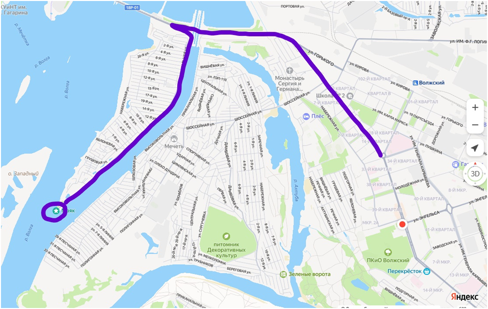 Схема маршрута движения от площади Свердлова города Волжского.