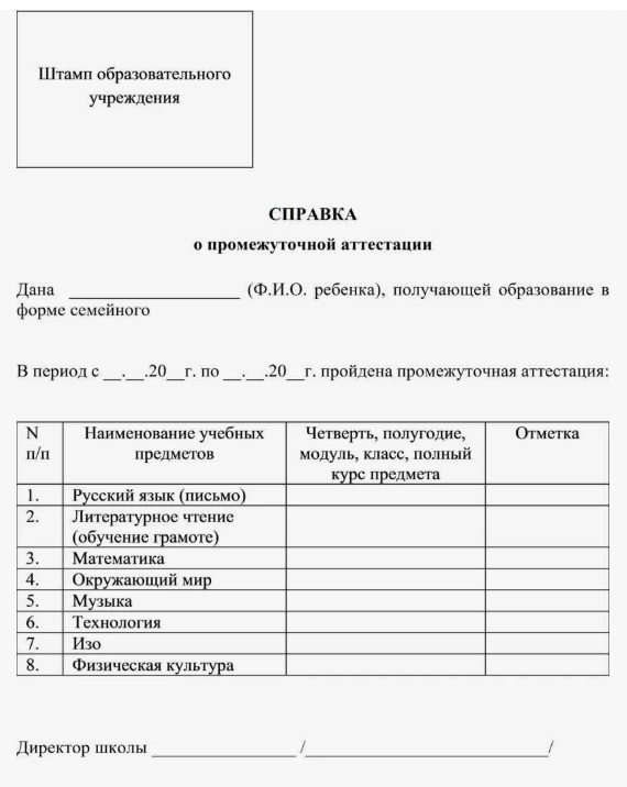 Примерный вариант справки о промежуточной аттестации на семейном образовании