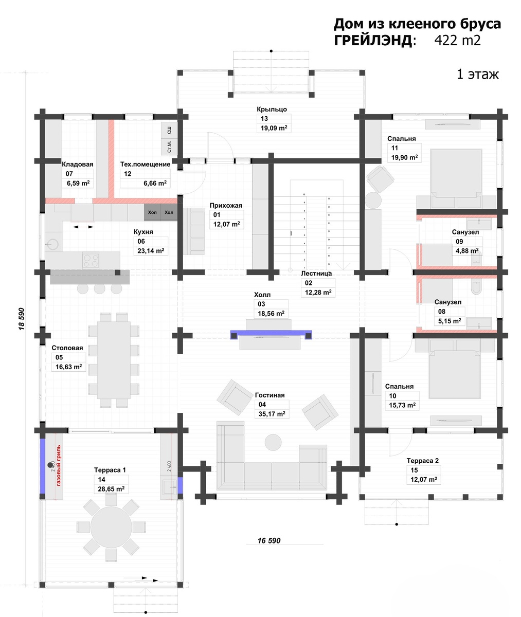 Планировка 1 этажа деревянного дома Грейлэнд
