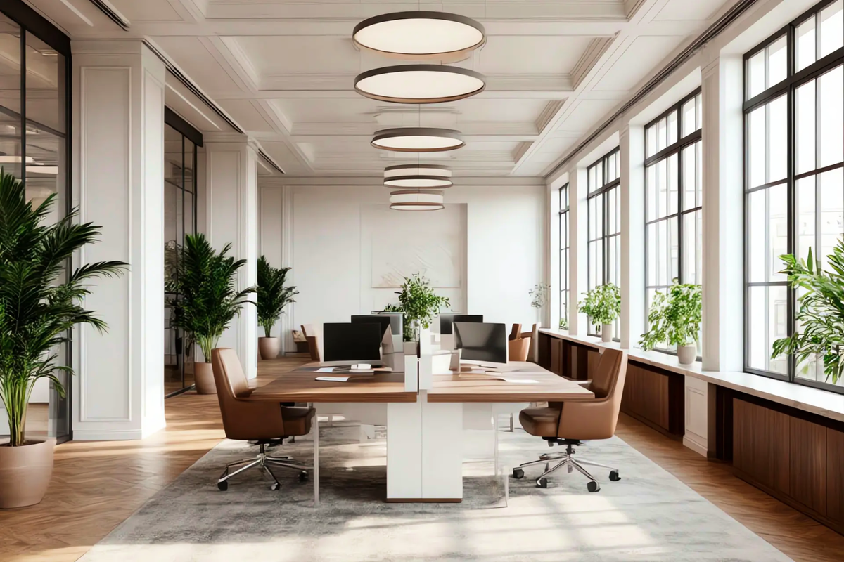 Крупноформатные окна наполняют пространство солнечным светом и создают связь с естественными ритмами природы. Фото — проект «Экспресс Офиса».