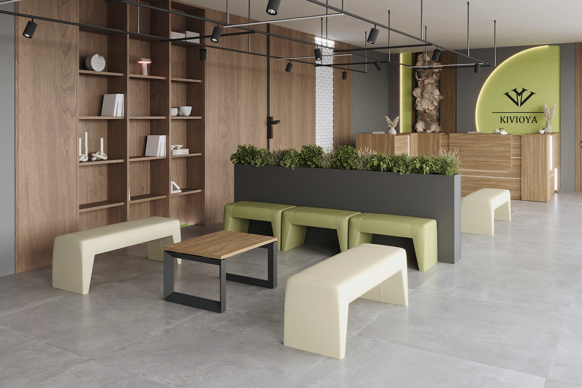 Сотрудники могут использовать лаундж-зоны для отдыха или работы в более расслабленной обстановке. На фото — банкетки «Кивиоя». Цена — 12 177* рублей. Код для поиска на сайте — 857760.