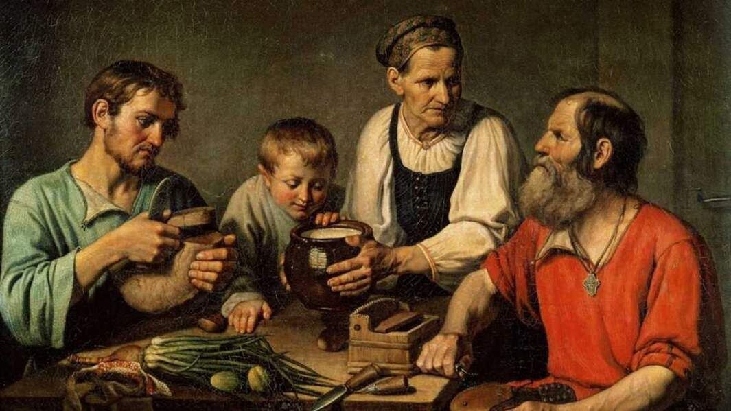 Ф.Г. Солнцев. Крестьянское семейство перед обедом, 1824 год. Источник фото: https://www.tretyakovgallery.ru/