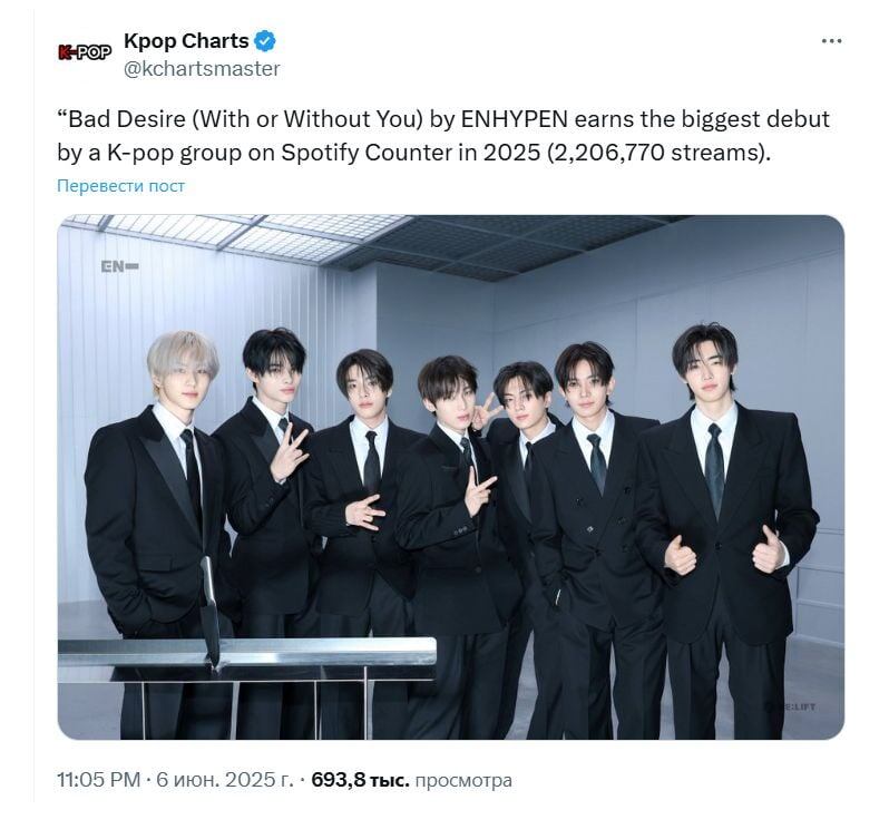    “Bad Desire (With or Without You)” группы ENHYPEN стал самым громким дебютом K-pop группы на Spotify в 2025 году