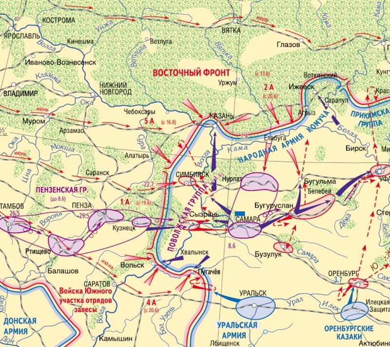 Формирование Восточного фронта. Линия фронта показана по состоянию на август 1918 года.