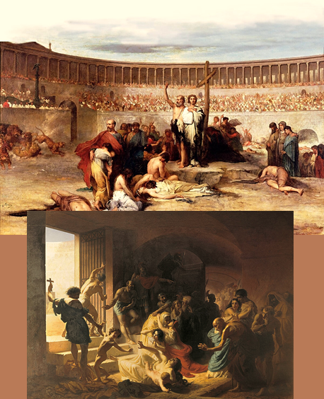 Картины, написанные по следам лживых повествовований иудейских историков, проникших в христианство: Вверху - Э. Тирион «Триумф Веры - христианские мученики во времена Нерона, 65 год н.э.». Обратите внимание, - указанный год якобы римского гонения на христиан точно совпадает с первой иудейской войной. Внизу - К. Флавицкий «Христианские мученики в Колизее» (Государственный Русский музей, Санкт-Петербург).