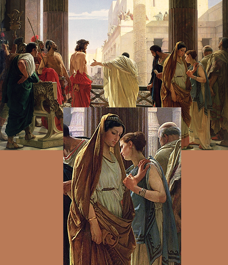 А. Чизери. "Ecce Homo" - Се человек! Вторая половина 19 в. Галерея современного искусства, Италия. Художник не понял, что значили слова Пилата иудеям - "Вот вывожу вам его, - се человек", поскольку показывал он им ранее отображение пророка, которого якобы избивали, а затем вывел Прокуратор настоящего Иисуса, человека, а не его отображение, показывая, что чудесного пророка и невозможно казнить (без согласия его самого). Внизу крупным планом изображена Клавдия Прокула, жена Пилата, уверовавшая во Христа.