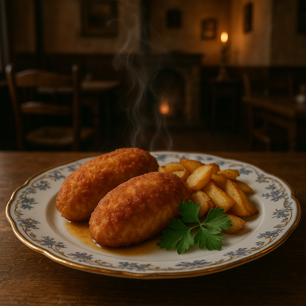 Элегантная подача Пожарских котлет на старинной фарфоровой тарелке.