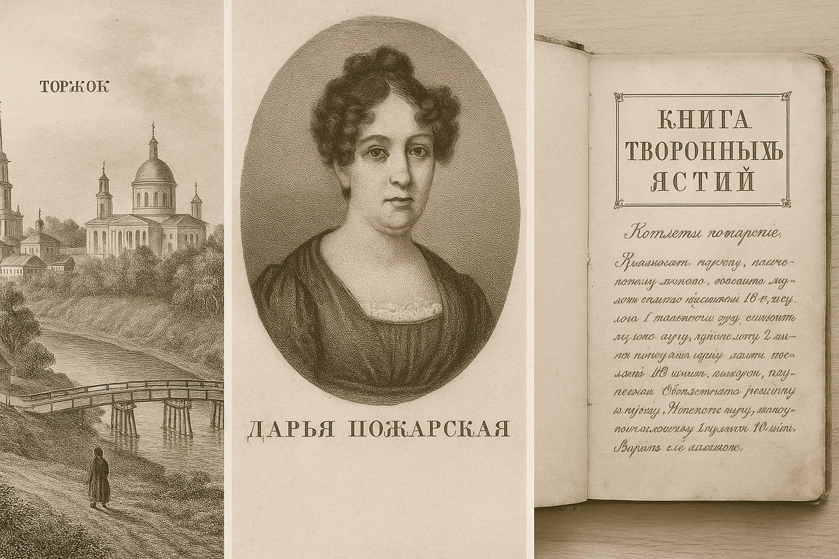 Коллаж из старинных гравюр: вид на город Торжок XIX века, предполагаемый портрет Дарьи Пожарской и разворот старинной поваренной книги с рукописным рецептом.
