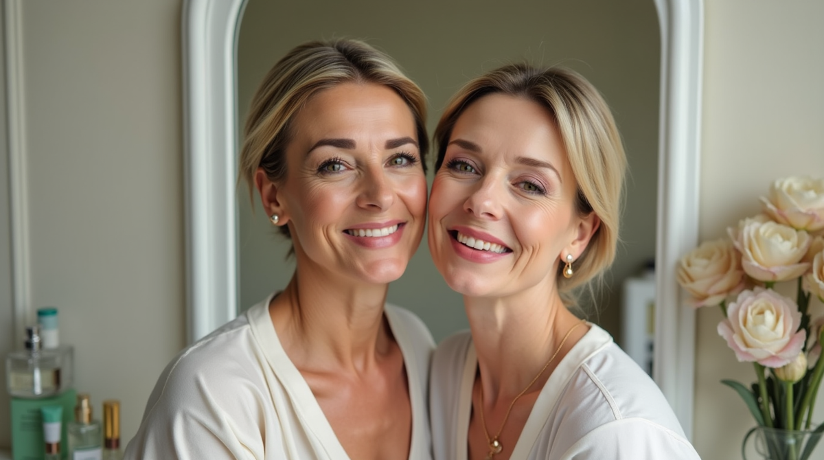 Слева — привычный, неактуальный макияж (графичные брови, плотная тональная основа, яркие тени, перламутр, неуместная яркая помада); справа — современная версия (естественная, свежая кожа с лёгким сиянием, невесомый румянец, мягкие брови, натуральный блеск губ, лёгкие тени пастельных тонов. Новая реальность — естественность и легкость, а не нафталин из прошлых лет.