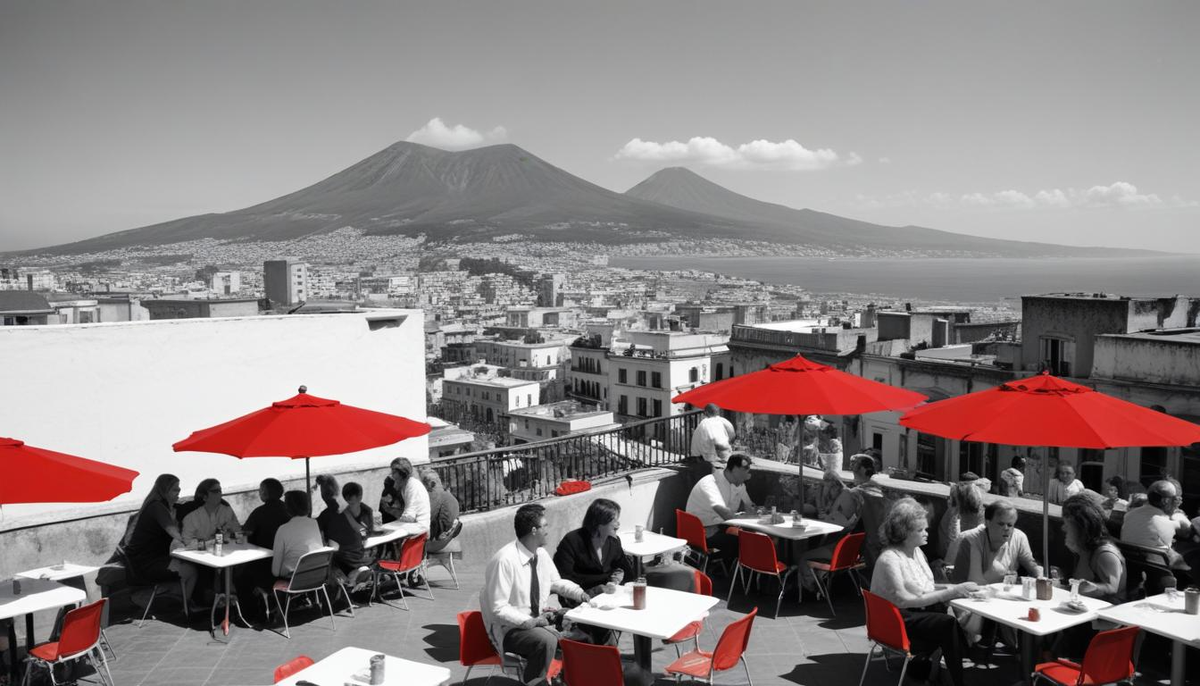 Неаполь с кафе на крыше, вид на вечно активный Везувий вдалеке, чистое голубое небо, места на открытом воздухе с красными зонтиками, люди наслаждаются кофе, яркий и веселый весенний полдень.