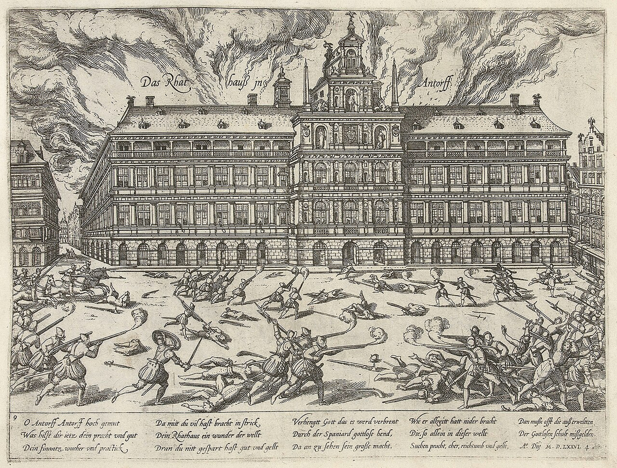 Гроте Маркт и ратуша Антверпена во время «испанской ярости».