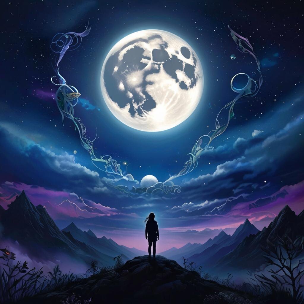 Полная Луна в Стрельце над ночным горизонтом — момент расширения границ, внутренней свободы и ясности. Внизу — фигура человека, стоящего на краю утёса или горы, символизирующая стремление к истине и готовность идти дальше. Эта сцена — визуальный портал в энергии дня: освобождение, движение вперёд и поиск своего пути.

