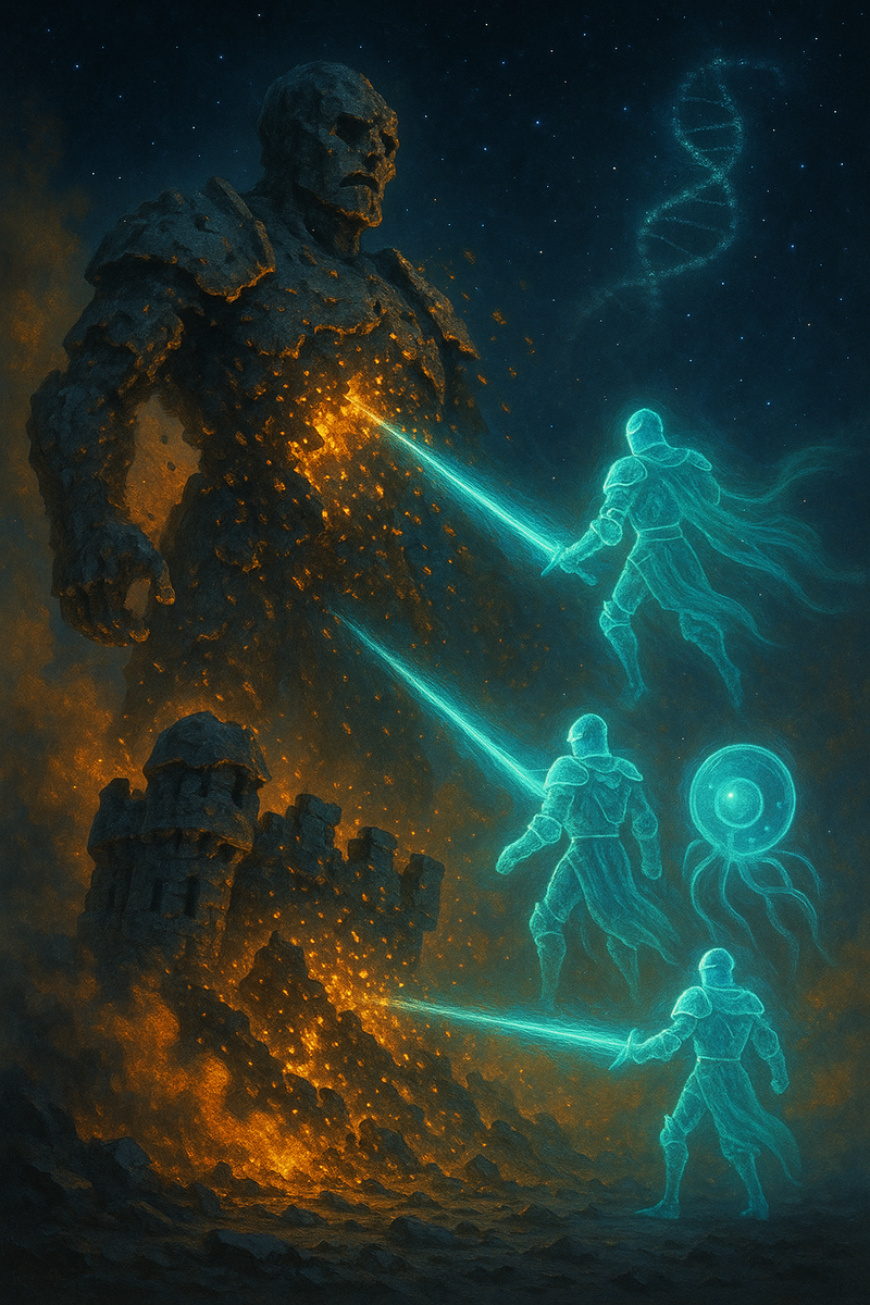 Огромная «опухолевая» статуя рассыпается искрами под ударами бирюзовых иммунных рыцарей-CAR-T, а на звёздном небе вспыхивает спираль ДНК — аллегория тихой победы над раком.