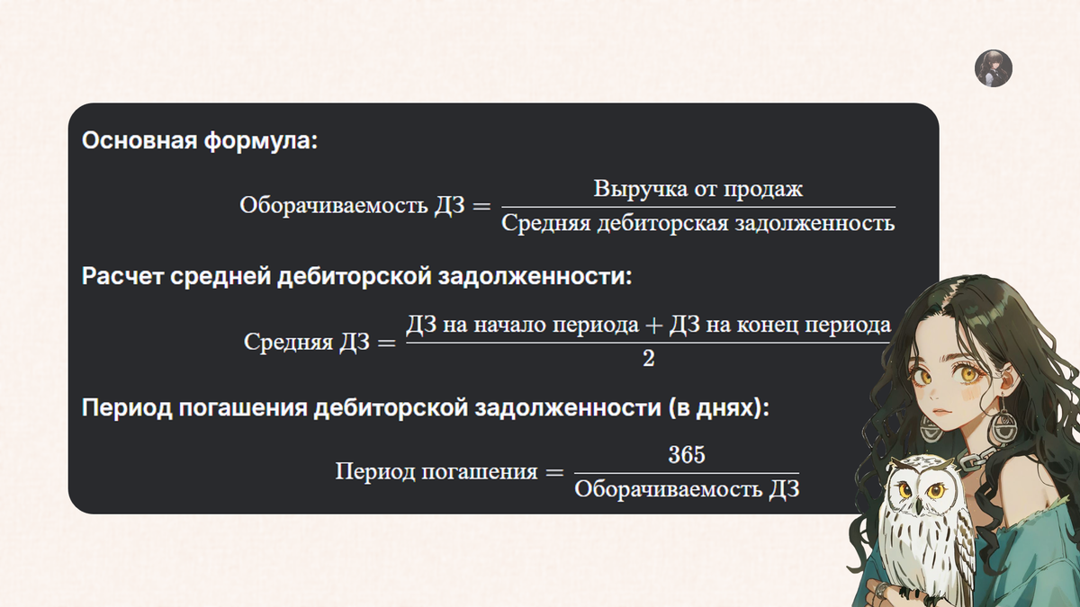 Рисунок 2.1 Формулы для расчёта оборачиваемости и периода погашения (в общих чертах повторяет материал Эдди Маклейни и Питера Этрилл)