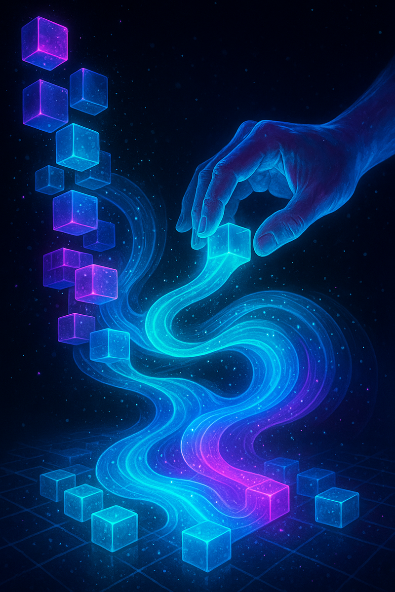 Светящаяся рука формует текучие кубы-модули, превращая их в поток гибкого кода среди звёздного неона — символ того, как пользователь «лепит» своё программное пространство.