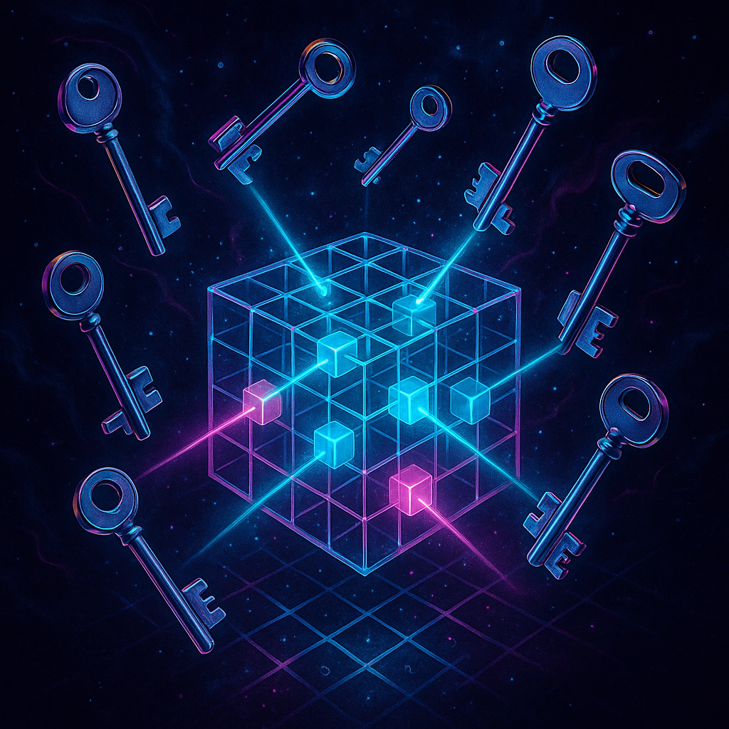 Парящие металлические ключи направляют лазерные лучи в кубическую сетку, точно попадая в единственные свободные ячейки — воплощение идеи совершенного хеширования без коллизий.