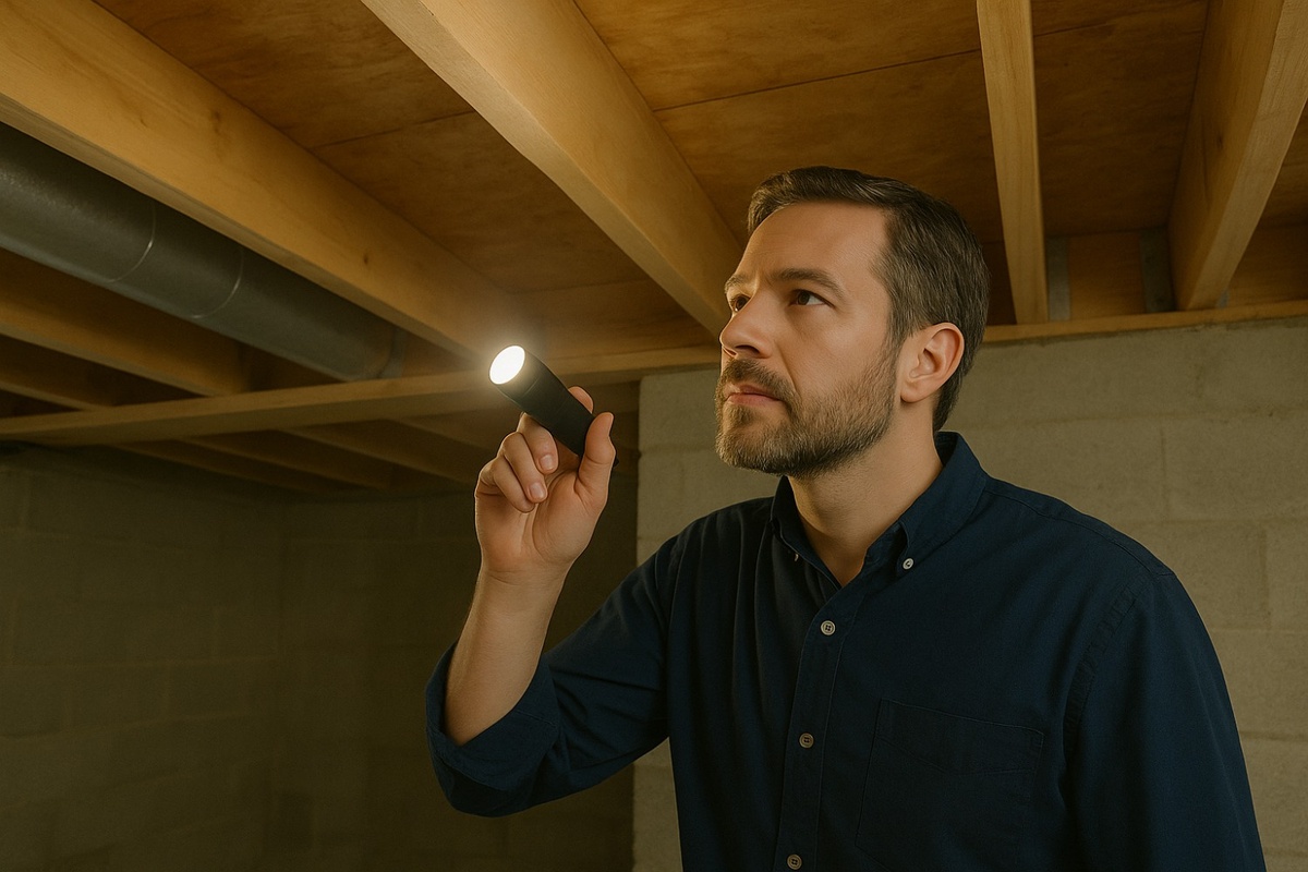 На осмотр дома полезно взять с собой фонарик — это поможет заметить неровности и следы протечек
