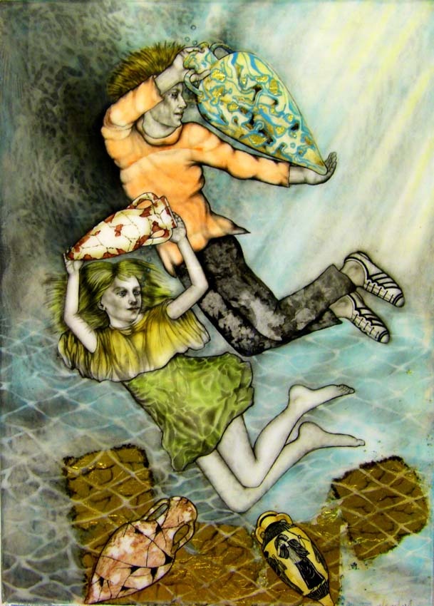 Акулова Женя "Похитители амфор 1" 
70х50 дерево лак масло 2011 г