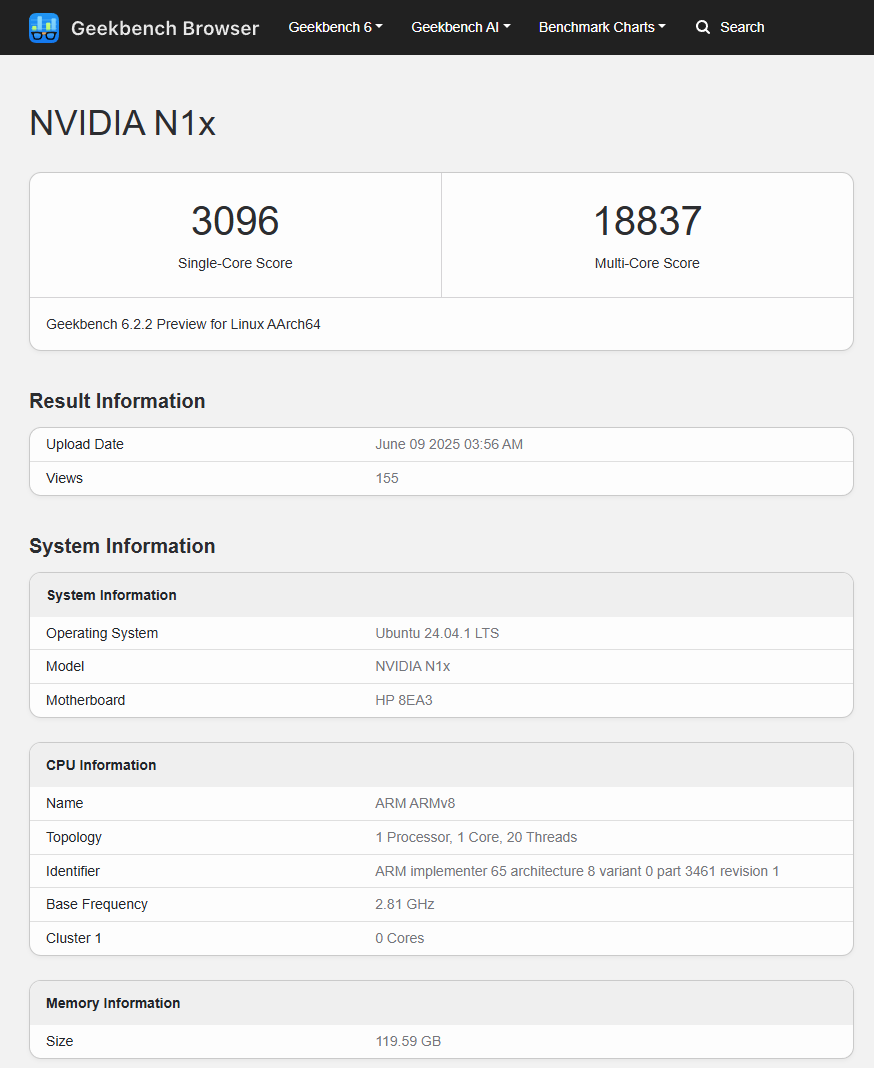    ARM-процессор NVIDIA N1x протестировали в бенчмарке