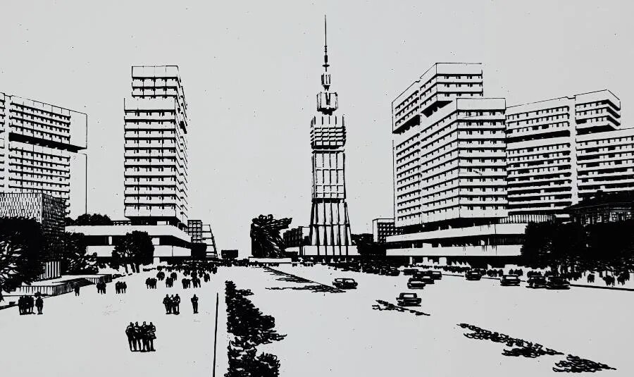 Проект башни и домов-пропилеев, предложенный в 1966 году архитекторами Владимиром Поповым и Юрием Песоцким./Из коллекции Государственного музея истории Санкт-Петербурга/ РЕПРОДУКЦИЯ АВТОРА