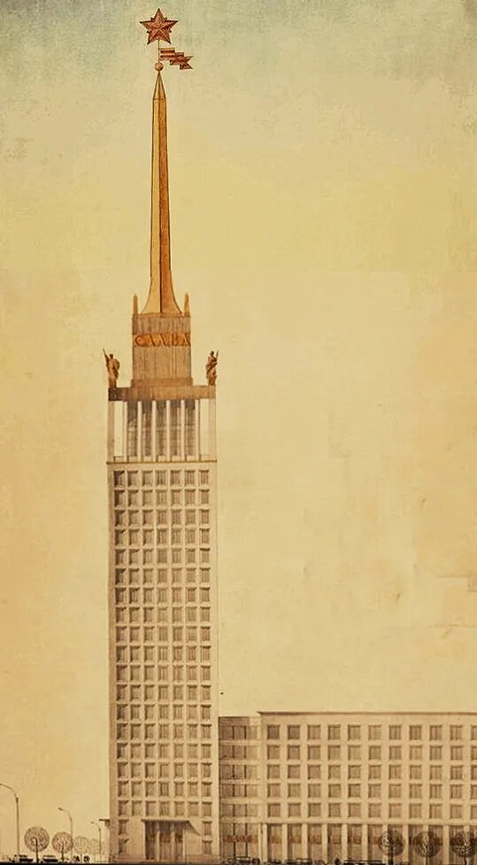Эскизный проект «Главного здания на площади Мужества» архитектора Виктора Белова, созданный в 1967 – 1968 гг. 22‑этажное здание он предполагал увенчать позолоченным шпилем со звездой, украсить колоннадой на верхних этажах и скульптурами./Из коллекции Государственного музея истории Санкт-Петербурга/РЕПРОДУКЦИЯ АВТОРА