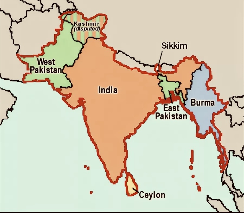 Фотография разделенной Индии, Пакистан(зеленый) вообще поделили неправильно, разделив его на Западный и Восточный, создав при этом еще кучу проблем