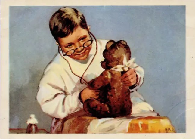 Игорь Коминарец, открытка с мальчиком и мишкой, 1955 г.