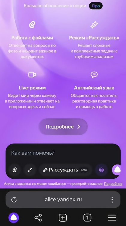Сайт Яндекс Алисы сразу после обновления.